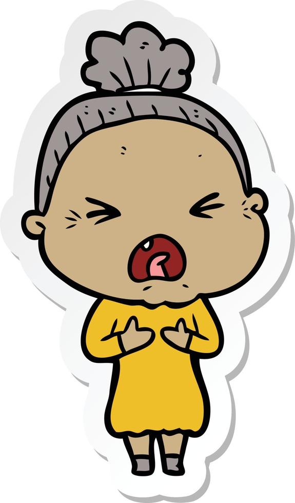 sticker of a cartoon angry old woman vector