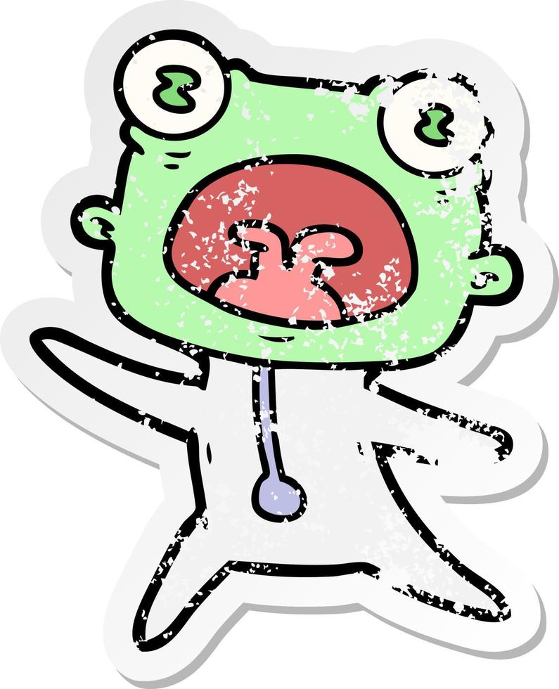 distressed sticker of a cartoon weird alien running away vector
