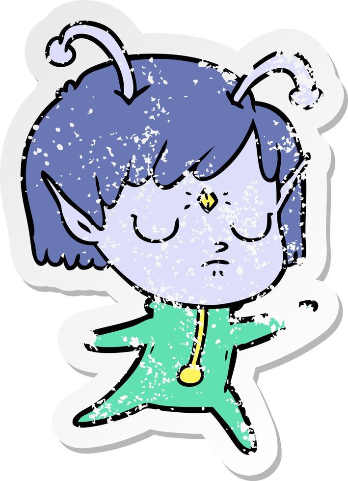 distressed sticker of a cartoon alien girl vector