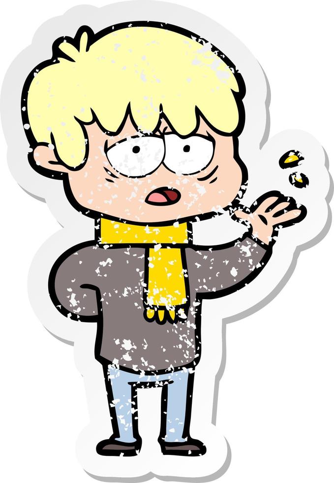 distressed sticker of a cartoon exhausted boy vector