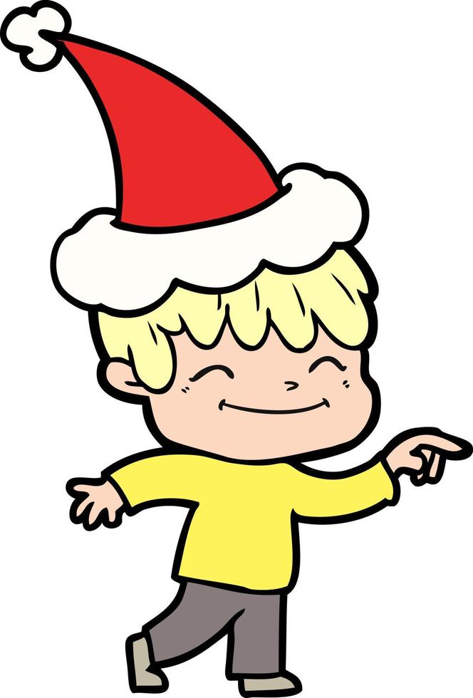 line drawing of a happy boy wearing santa hat vector