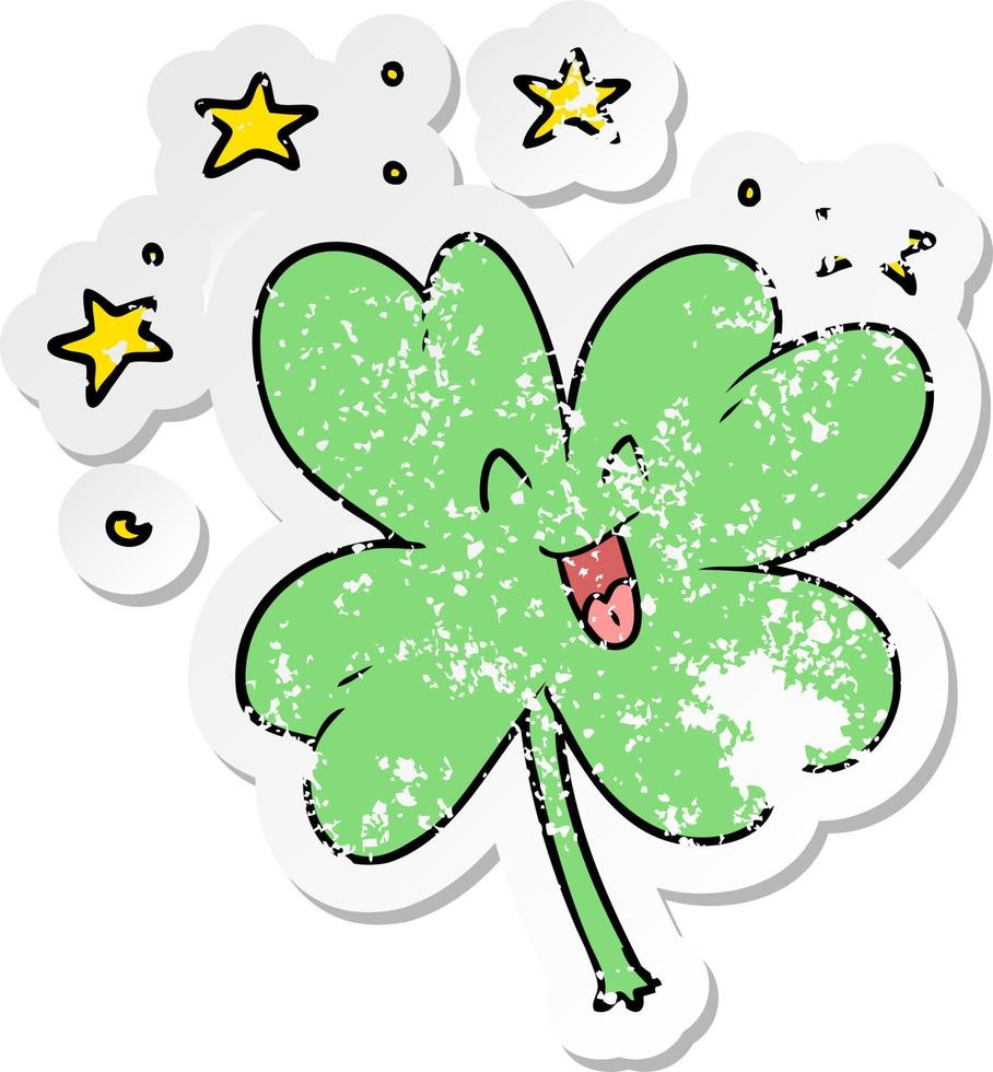 distressed sticker of a happy cartoon four leaf clover vector