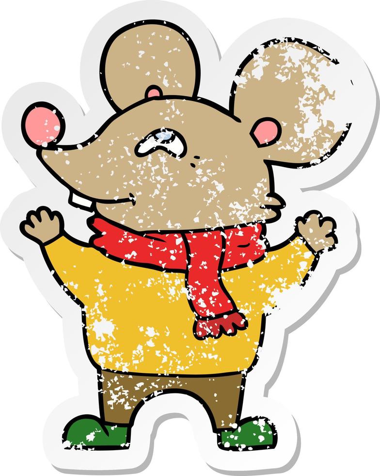 distressed sticker of a cartoon mouse wearing scarf vector