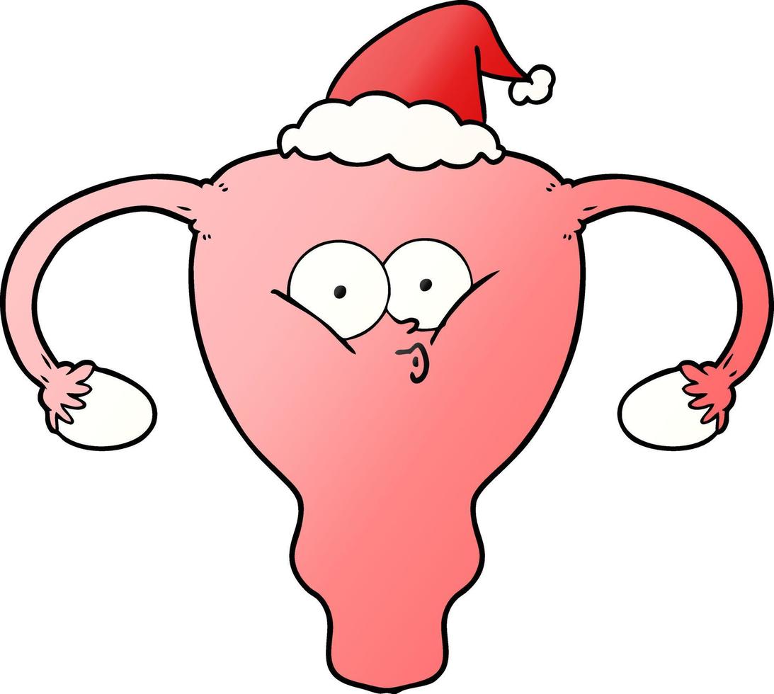 gradient cartoon of a uterus wearing santa hat vector