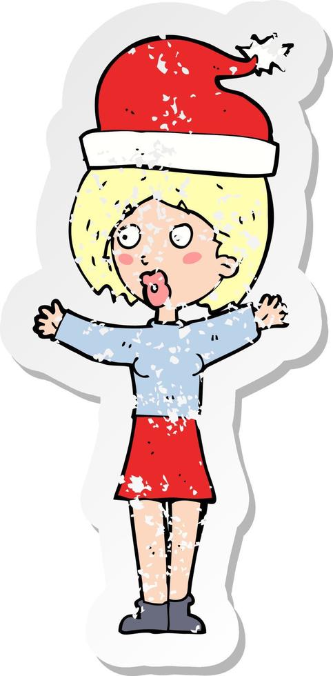 retro distressed sticker of a cartoon woman wearing xmas hat vector