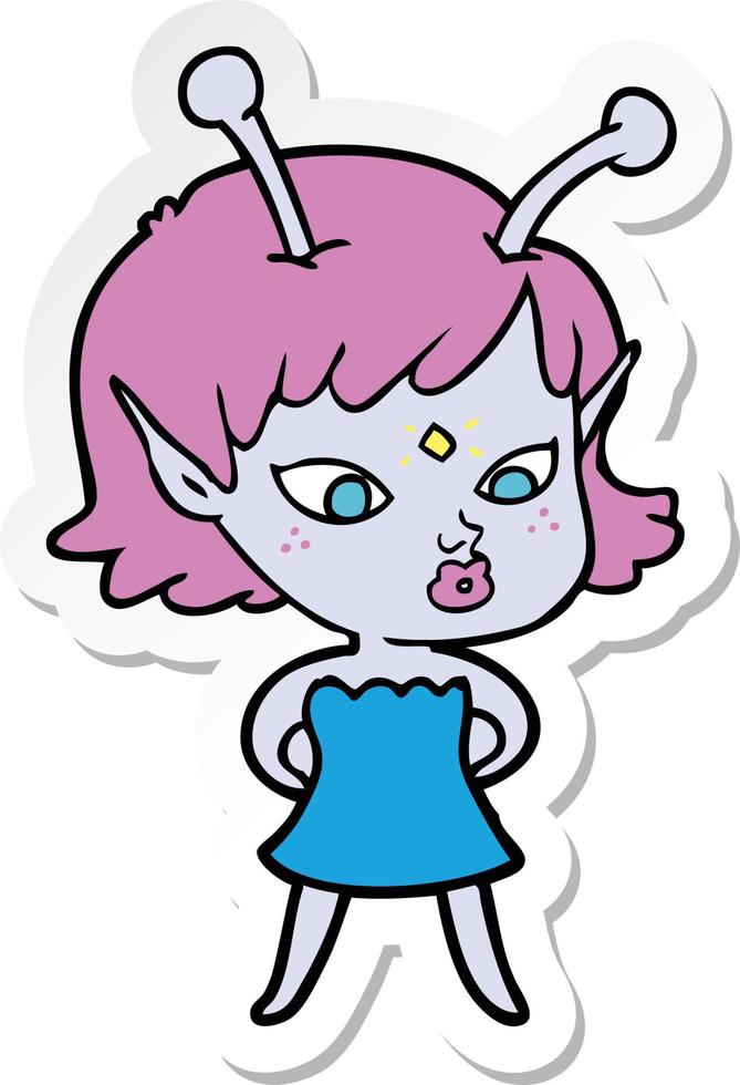 sticker of a pretty cartoon alien girl vector