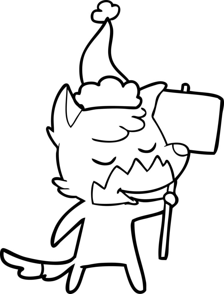friendly line drawing of a fox wearing santa hat vector