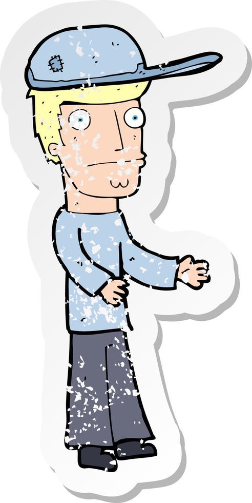 retro distressed sticker of a cartoon worried man wearing hat vector