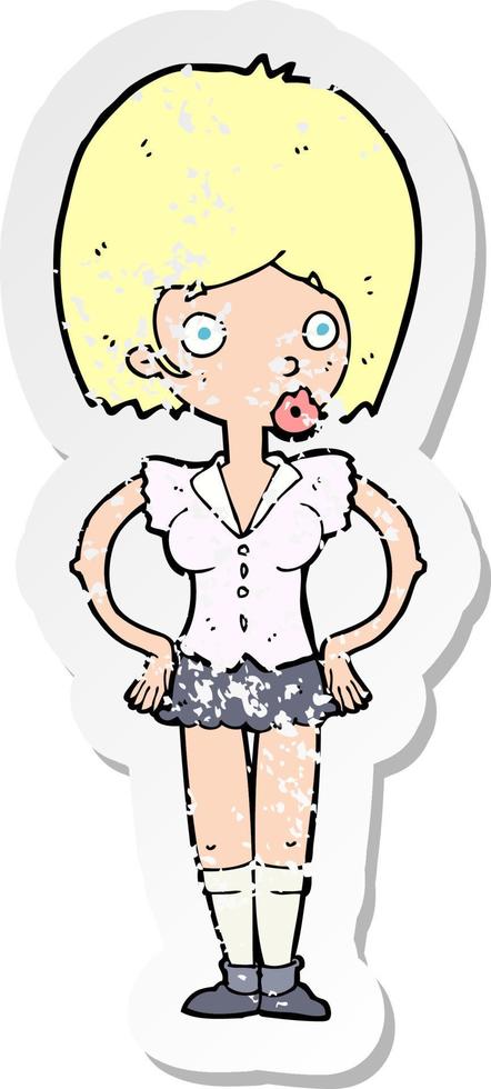 retro distressed sticker of a cartoon woman with hands on hips vector