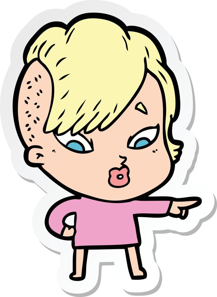 sticker of a cartoon surprised girl pointing vector