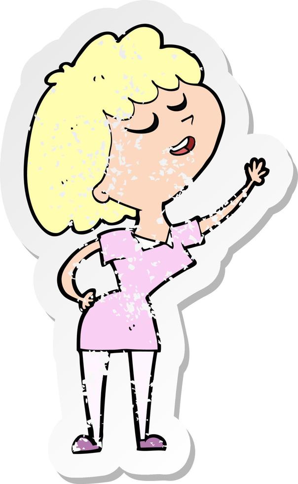 retro distressed sticker of a cartoon happy woman about to speak vector