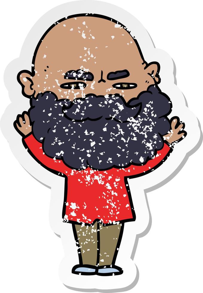 distressed sticker of a cartoon man with beard frowning vector