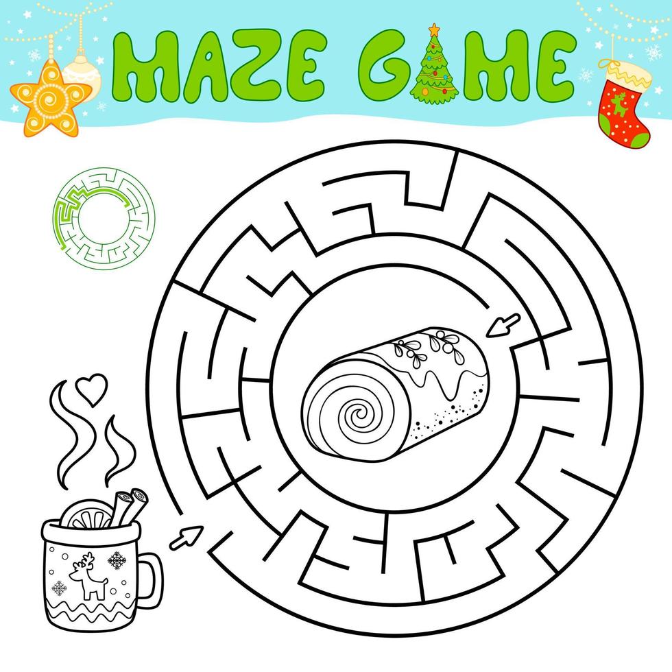 Christmas black and white maze puzzle game for children. Outline circle maze or labyrinth game with Christmas cake. vector