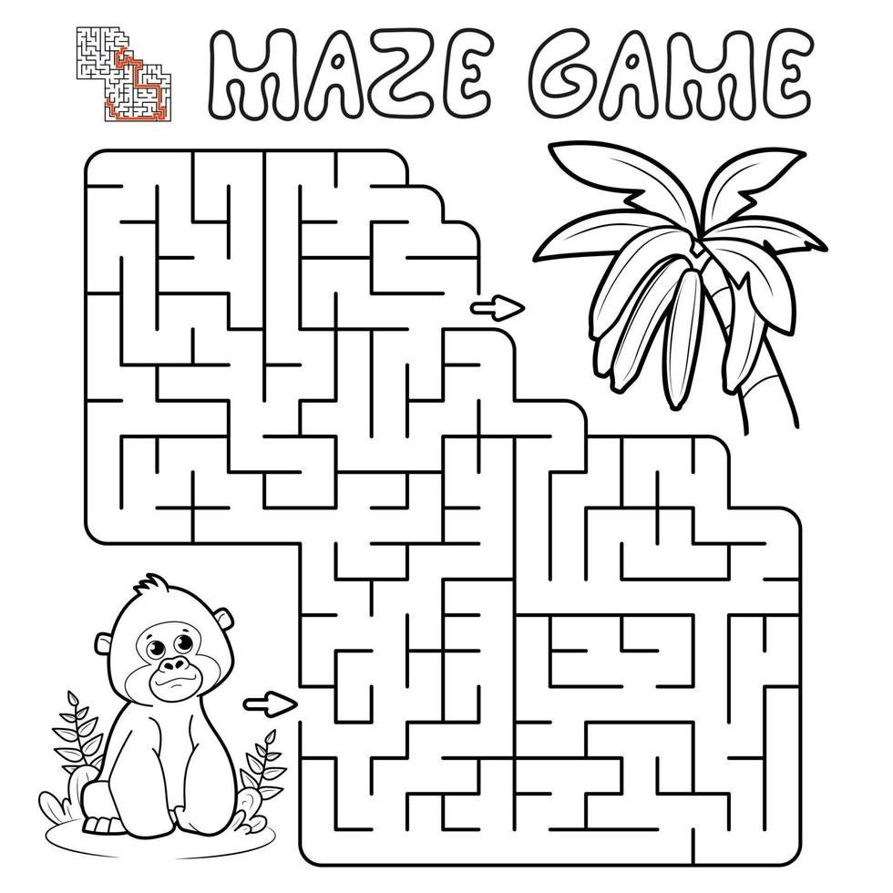 Maze puzzle game for children. Outline maze or labyrinth game with gorilla. Monkey and bananas vector
