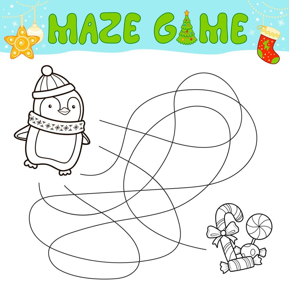 juego de rompecabezas de laberinto navideño para niños. esbozar laberinto o laberinto. encuentra el juego de ruta con el pingüino de navidad. vector