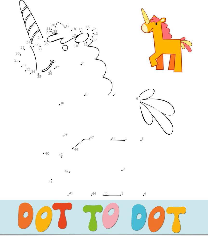 Dot to dot puzzle for children. Connect dots game. Unicorn vector illustration
