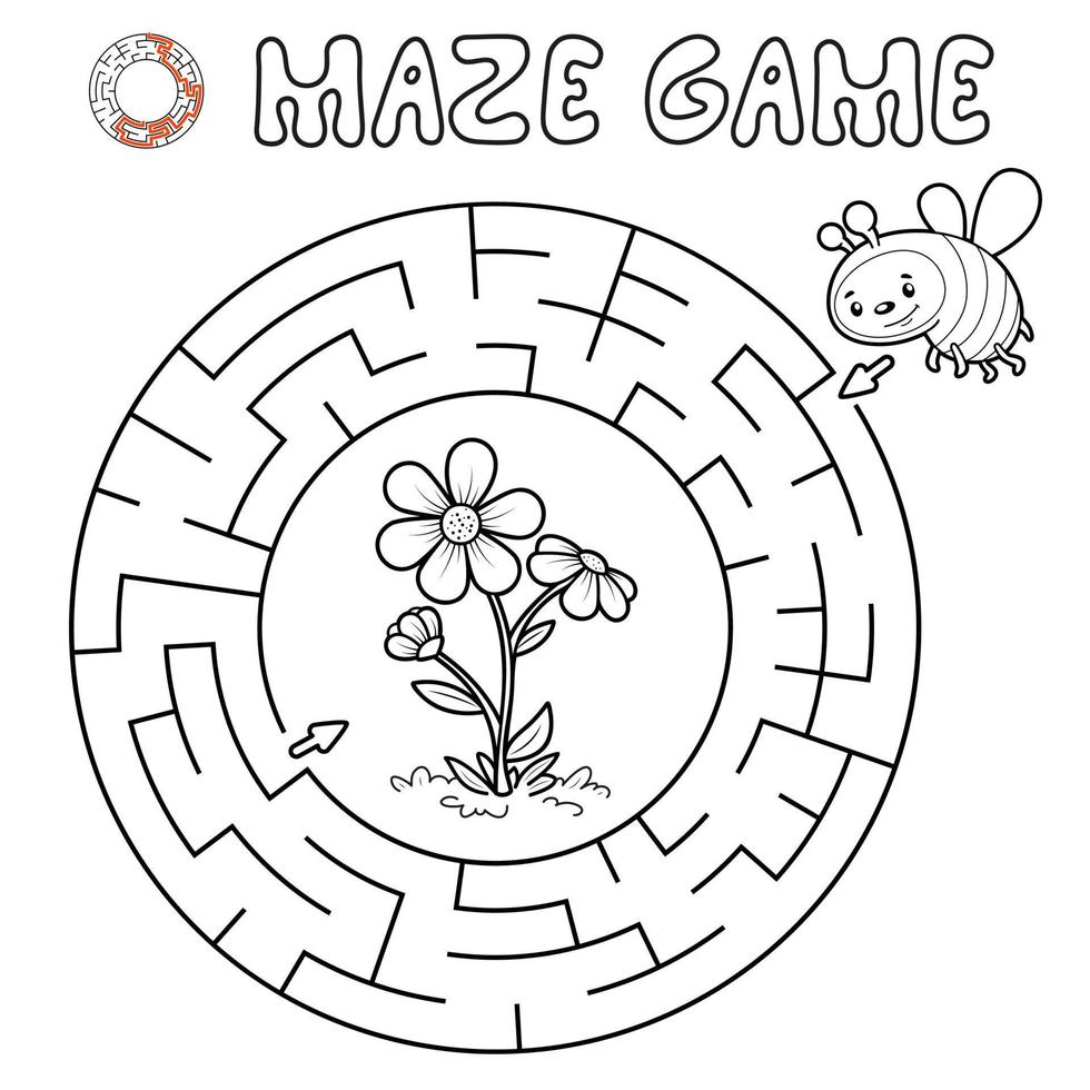 Maze puzzle game for children. Outline circle maze or labyrinth game with bee. vector