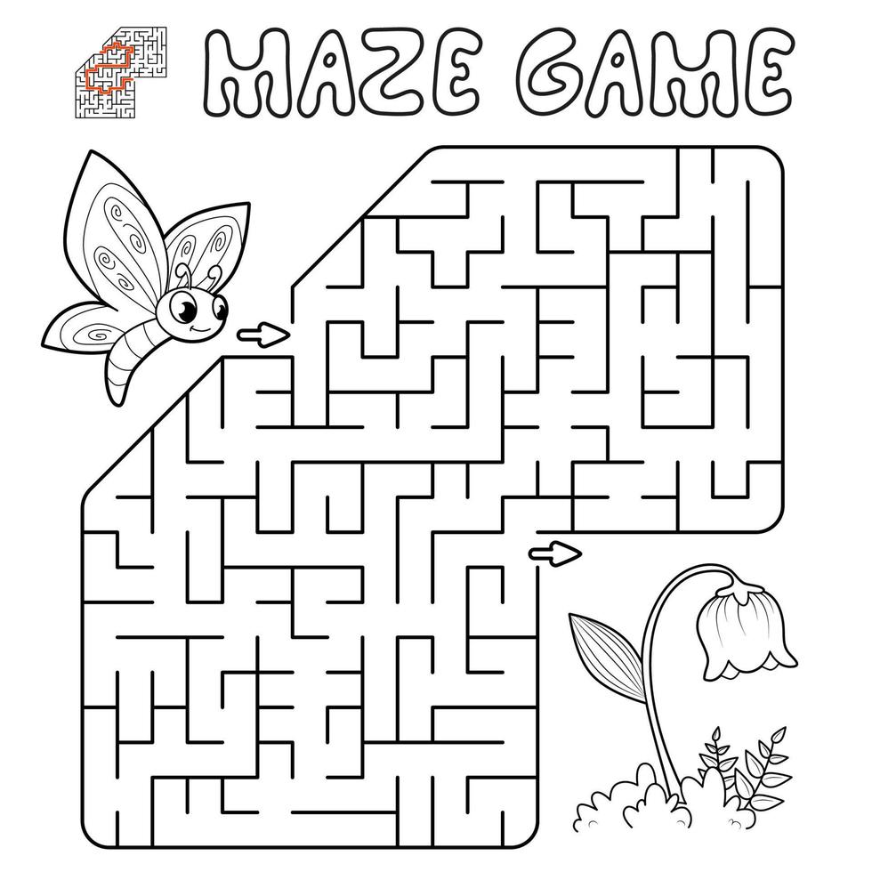 Maze puzzle game for children. Outline maze or labyrinth game with butterfly and flower. vector