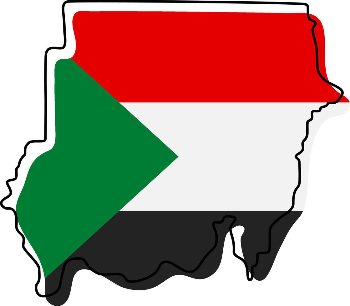 Stylized outline map of Sudan with national flag icon. Flag color map of Sudan vector illustration.