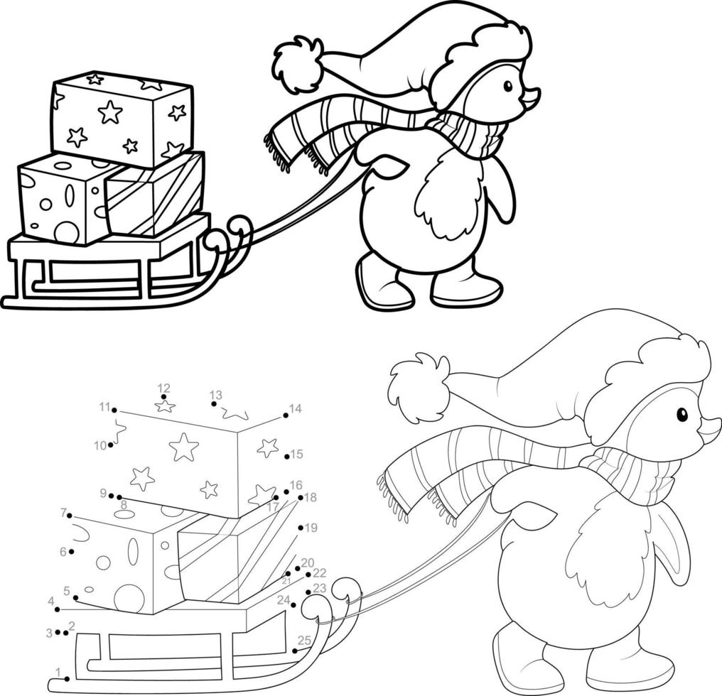 Dot to dot Christmas puzzle for children. Connect dots game. Christmas penguin vector