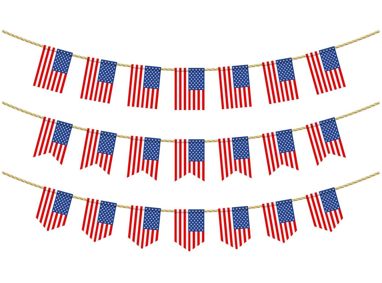 bandera de los estados unidos de américa en las cuerdas sobre fondo blanco. conjunto de banderas patrióticas del empavesado. decoración del empavesado de la bandera de los estados unidos de américa vector