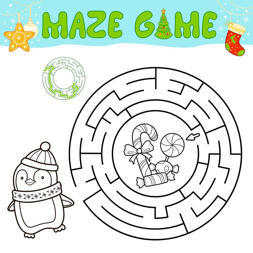 Juego de rompecabezas de laberinto en blanco y negro de Navidad para niños. delinear círculo laberinto o juego de laberinto con pingüino de navidad. vector