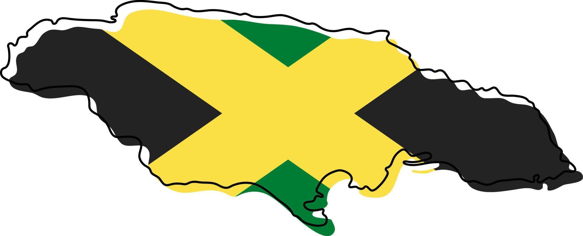 mapa de contorno estilizado de jamaica con icono de bandera nacional. mapa de color de la bandera de jamaica ilustración vectorial. vector