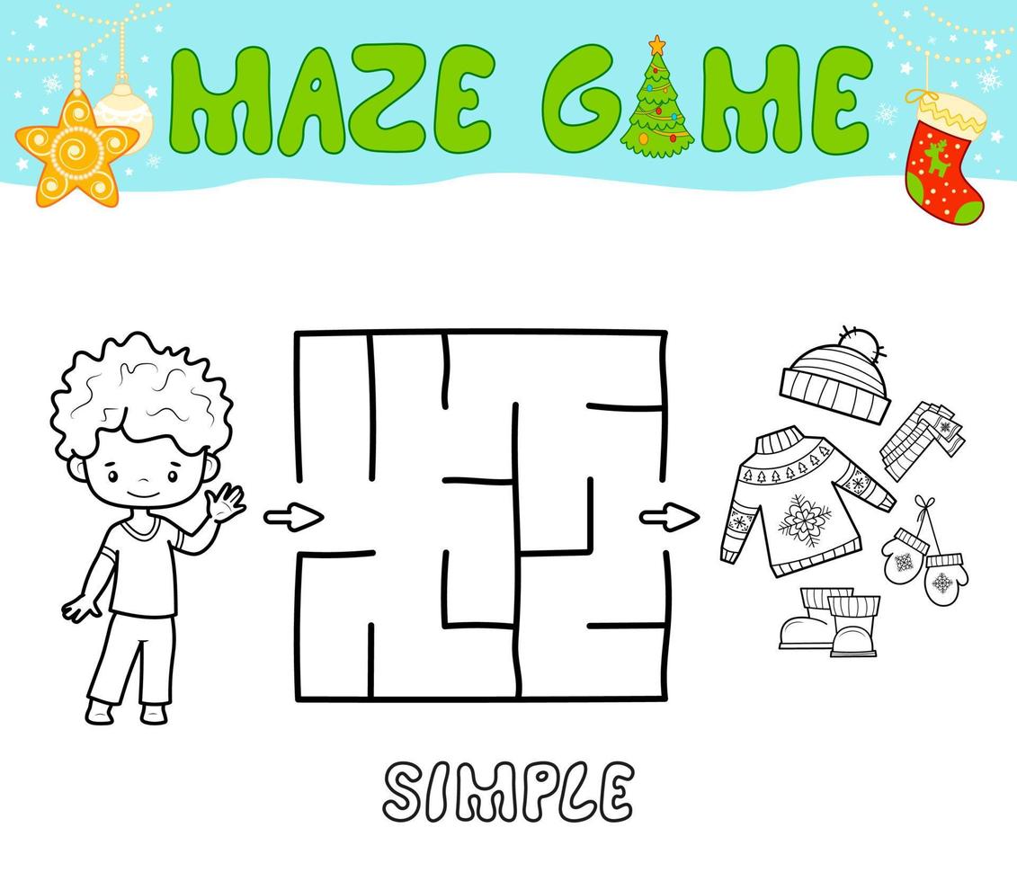 Christmas Maze puzzle game for children. Simple outline maze or labyrinth game with christmas boy. vector