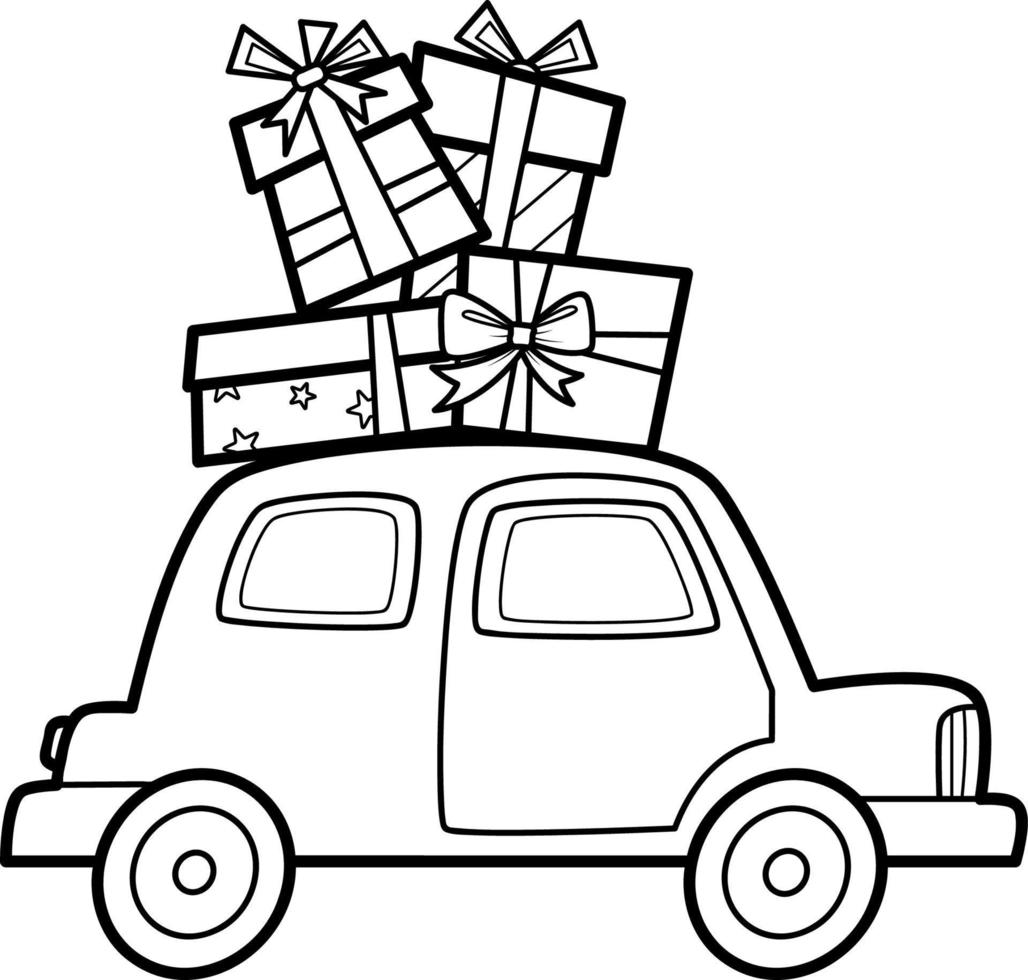 Christmas coloring book or page for kids. Car and gifts black and white vector illustration