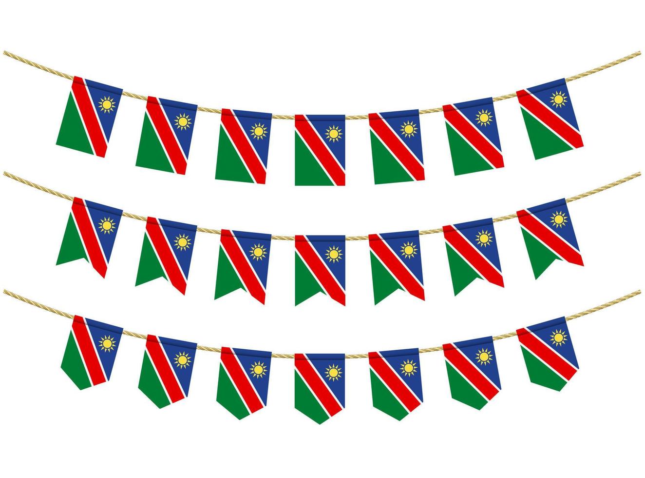 bandera de namibia en las cuerdas sobre fondo blanco. conjunto de banderas patrióticas del empavesado. decoración del empavesado de la bandera de namibia vector