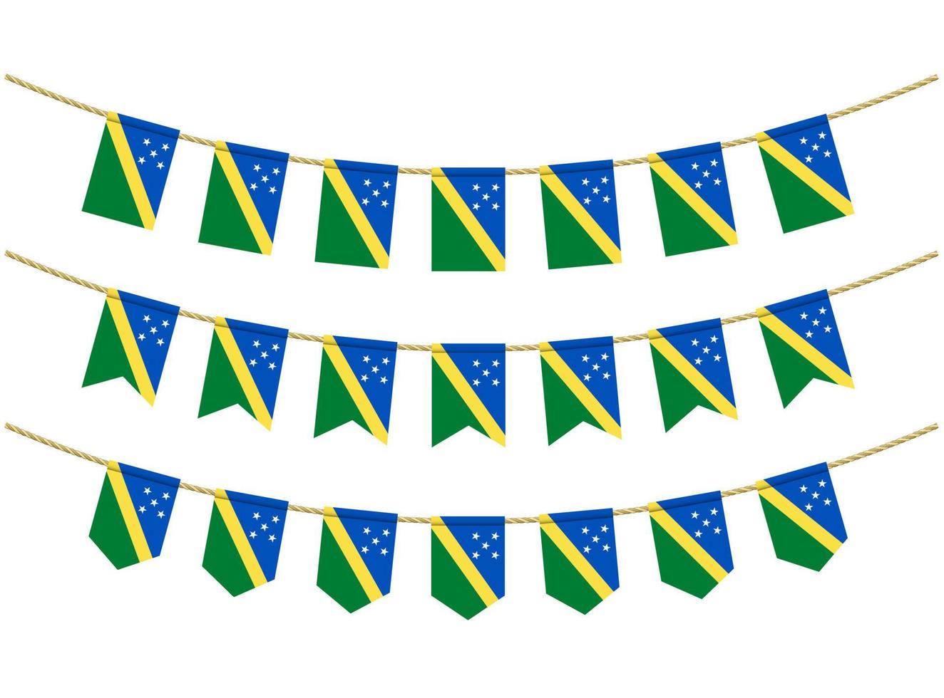 Solomon Islands flag on the ropes on white background. Set of Patriotic bunting flags. Bunting decoration of Solomon Islands flag vector