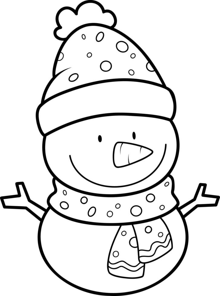 Christmas coloring book or page. Christmas snowman black and white vector illustration
