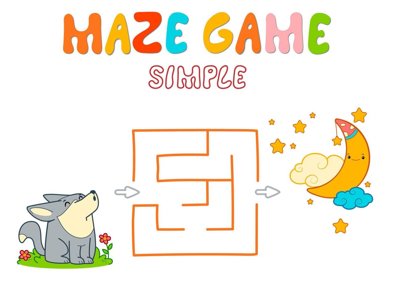Simple Maze puzzle game for children. Color simple maze or labyrinth game with wolf. vector