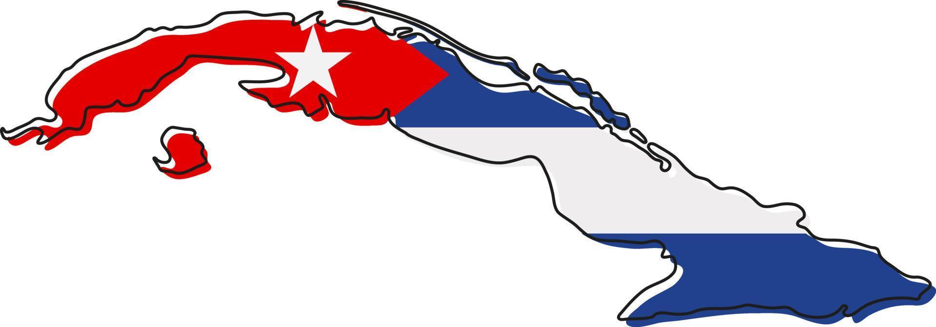 Stylized outline map of Cuba with national flag icon. Flag color map of Cuba vector illustration.