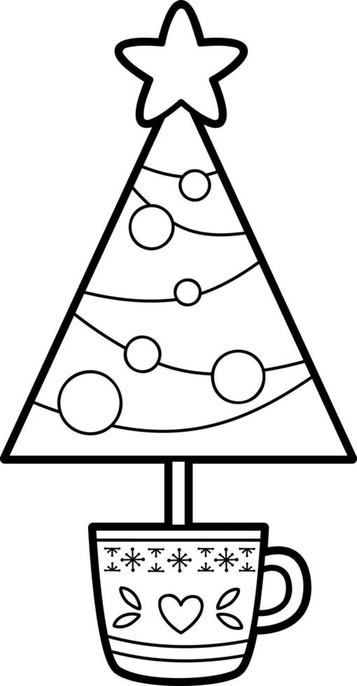 Christmas coloring book or page. Christmas tree black and white vector illustration