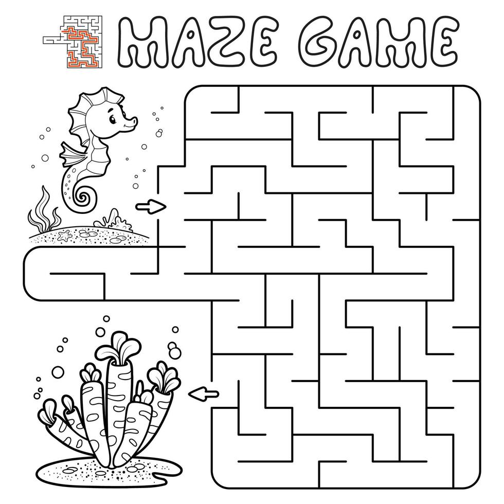 Maze puzzle game for children. Outline maze or labyrinth game with fish. vector