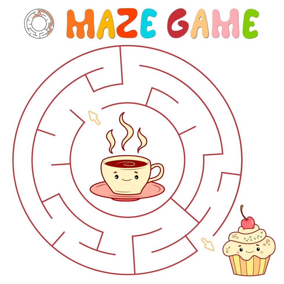 Maze puzzle game for children. Circle maze or labyrinth game with cake and tea. vector