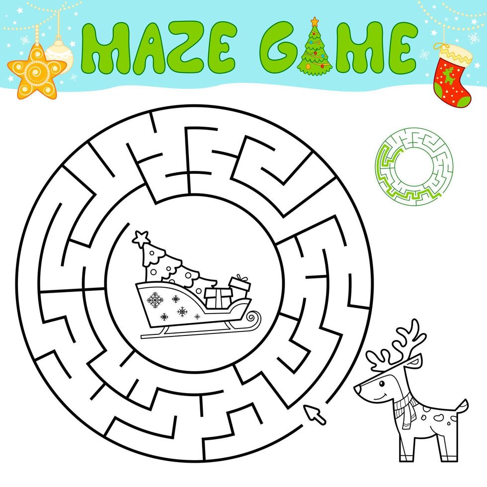 Christmas black and white maze puzzle game for children. Outline circle maze or labyrinth game with Christmas sleigh and reindeer. vector