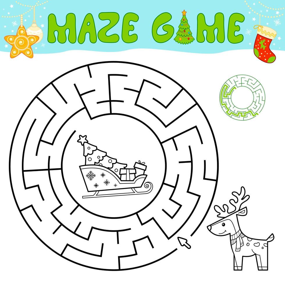 Christmas black and white maze puzzle game for children. Outline circle maze or labyrinth game with Christmas sleigh and reindeer. vector