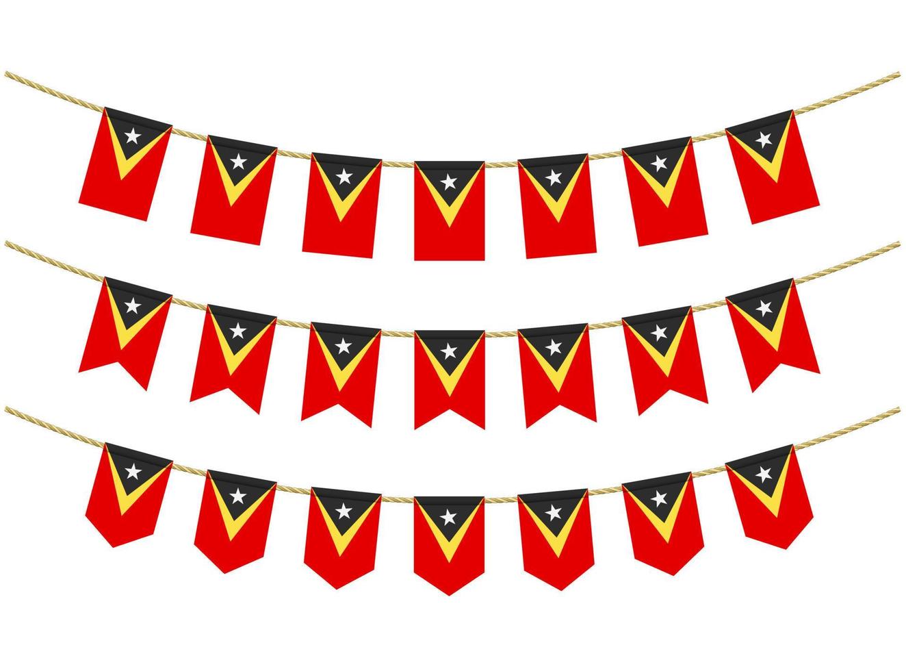 bandera de timor oriental en las cuerdas sobre fondo blanco. conjunto de banderas patrióticas del empavesado. decoración del empavesado de la bandera de timor oriental vector