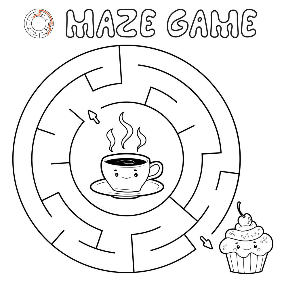 Maze puzzle game for children. Outline circle maze or labyrinth game with cake and tea. vector