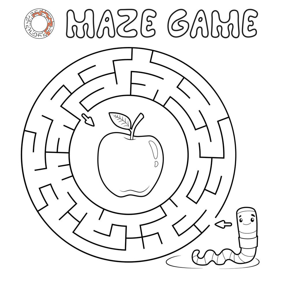 Maze puzzle game for children. Outline circle maze or labyrinth game with worm. vector