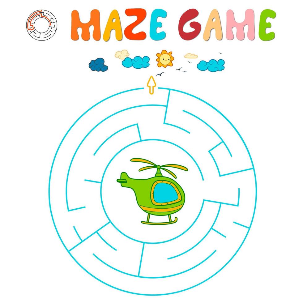 juego de rompecabezas de laberinto para niños. laberinto circular o juego de laberinto con helicóptero. vector