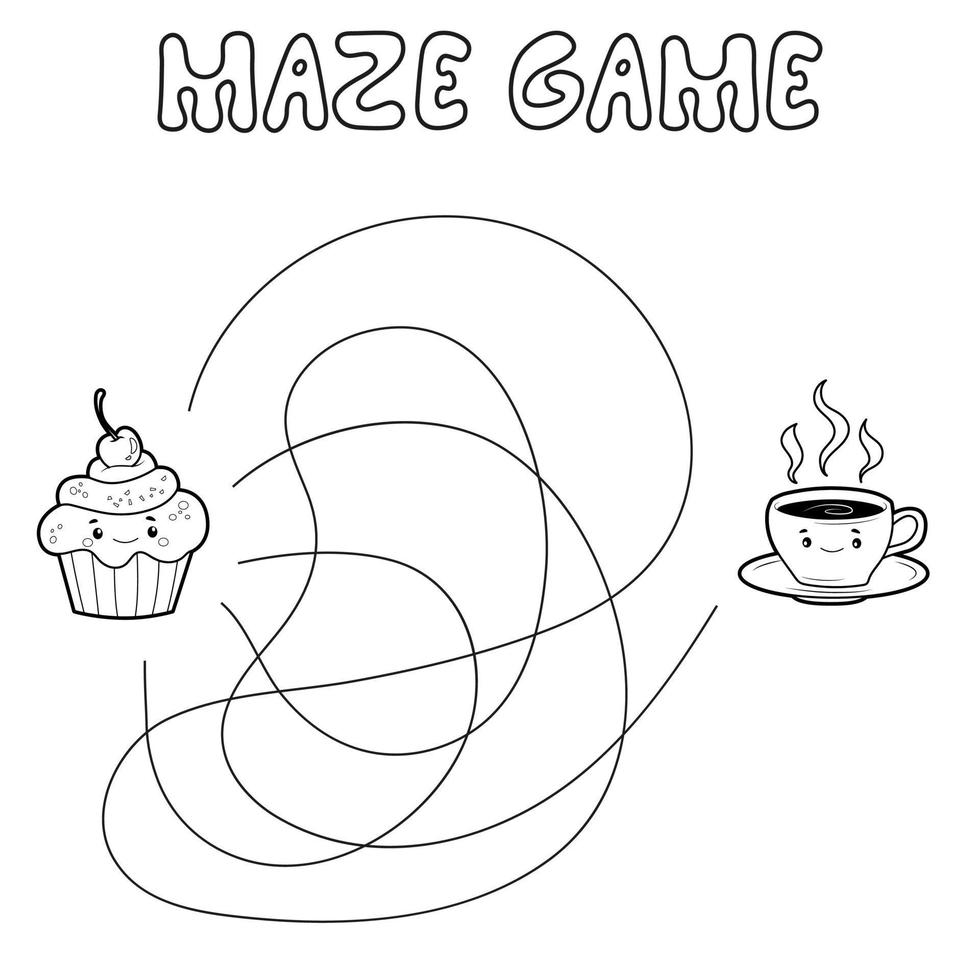 Maze puzzle game for children. Outline maze or labyrinth. Find path game with cake and tea vector