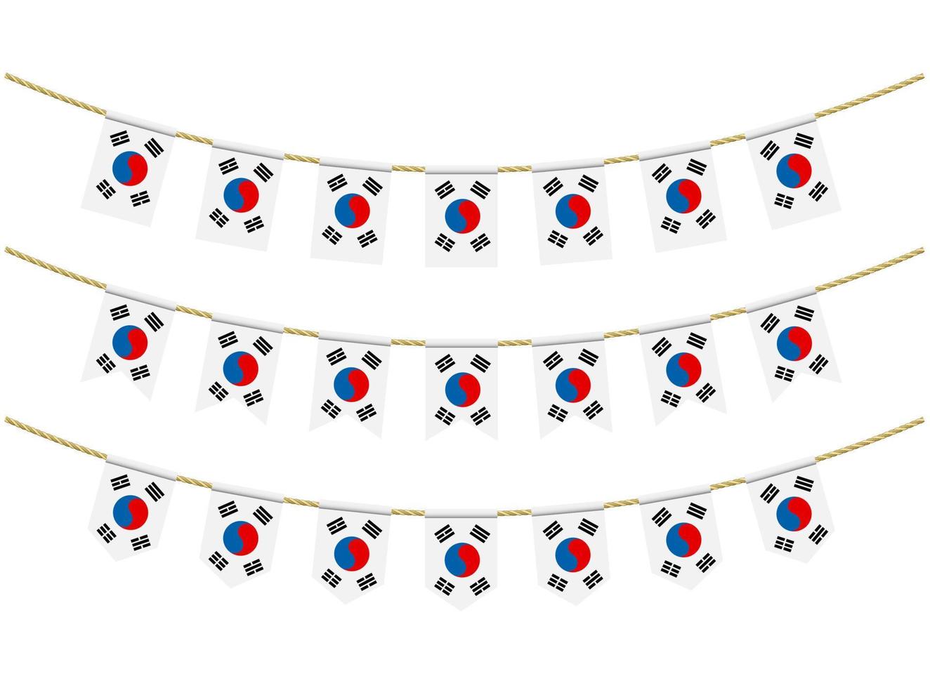 bandera de corea del sur en las cuerdas sobre fondo blanco. conjunto de banderas patrióticas del empavesado. decoración del empavesado de la bandera de corea del sur vector