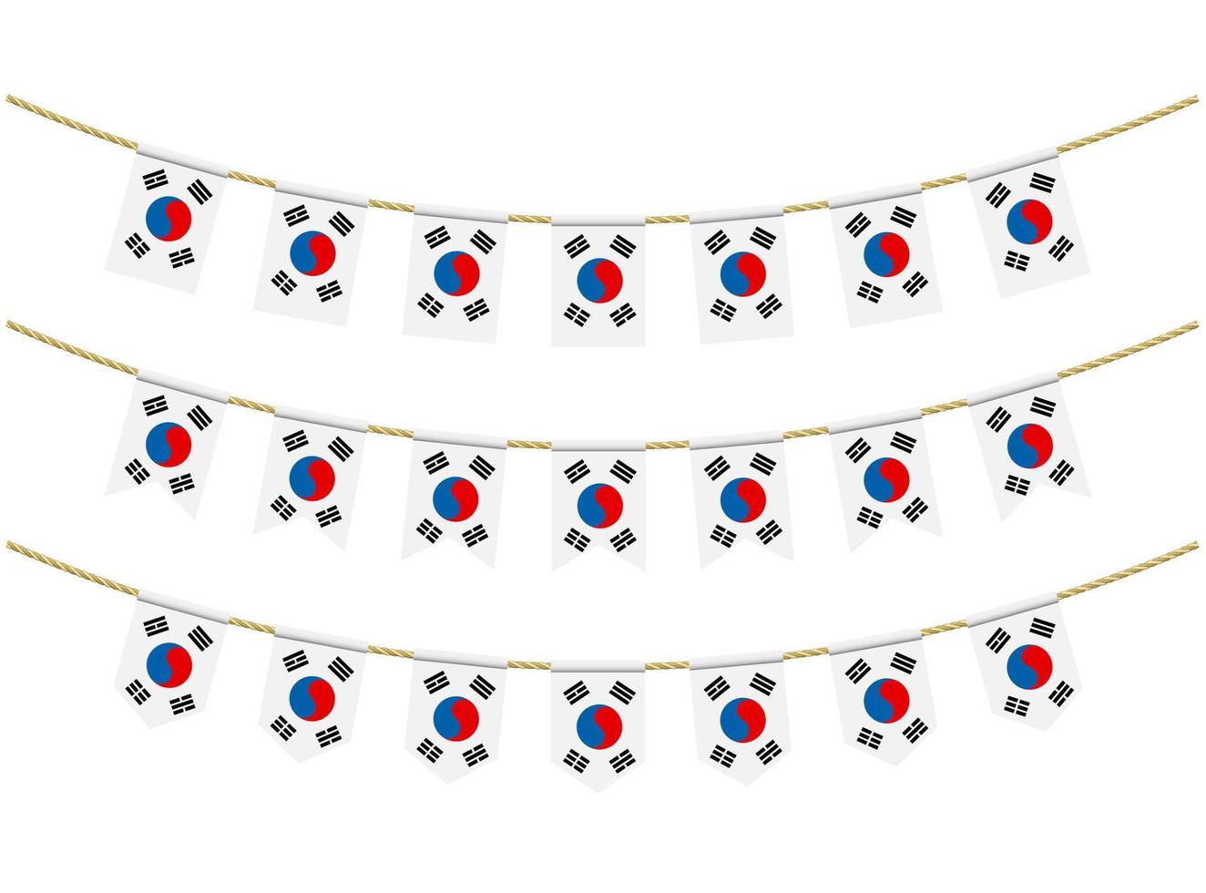 South korea flag on the ropes on white background. Set of Patriotic bunting flags. Bunting decoration of South korea flag vector
