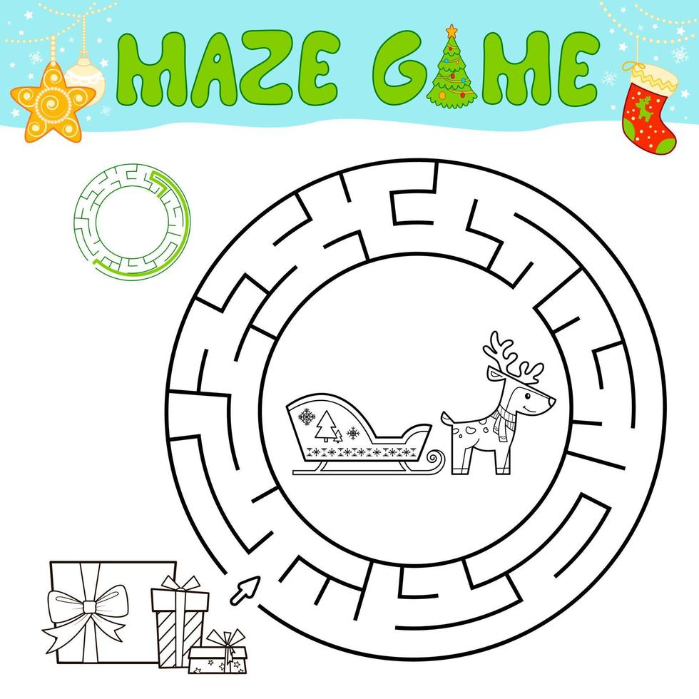 Juego de rompecabezas de laberinto en blanco y negro de Navidad para niños. esquema círculo laberinto o juego de laberinto con trineo de navidad. vector