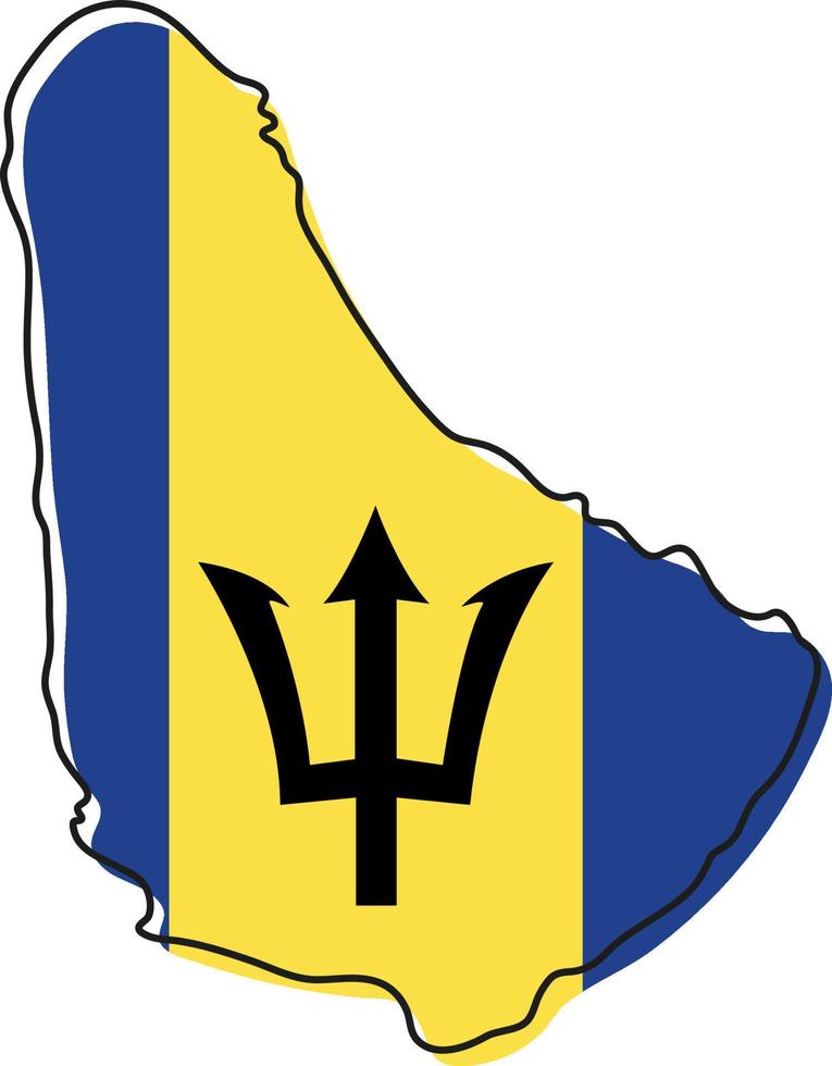 Stylized outline map of Barbados with national flag icon. Flag color map of Barbados vector illustration.