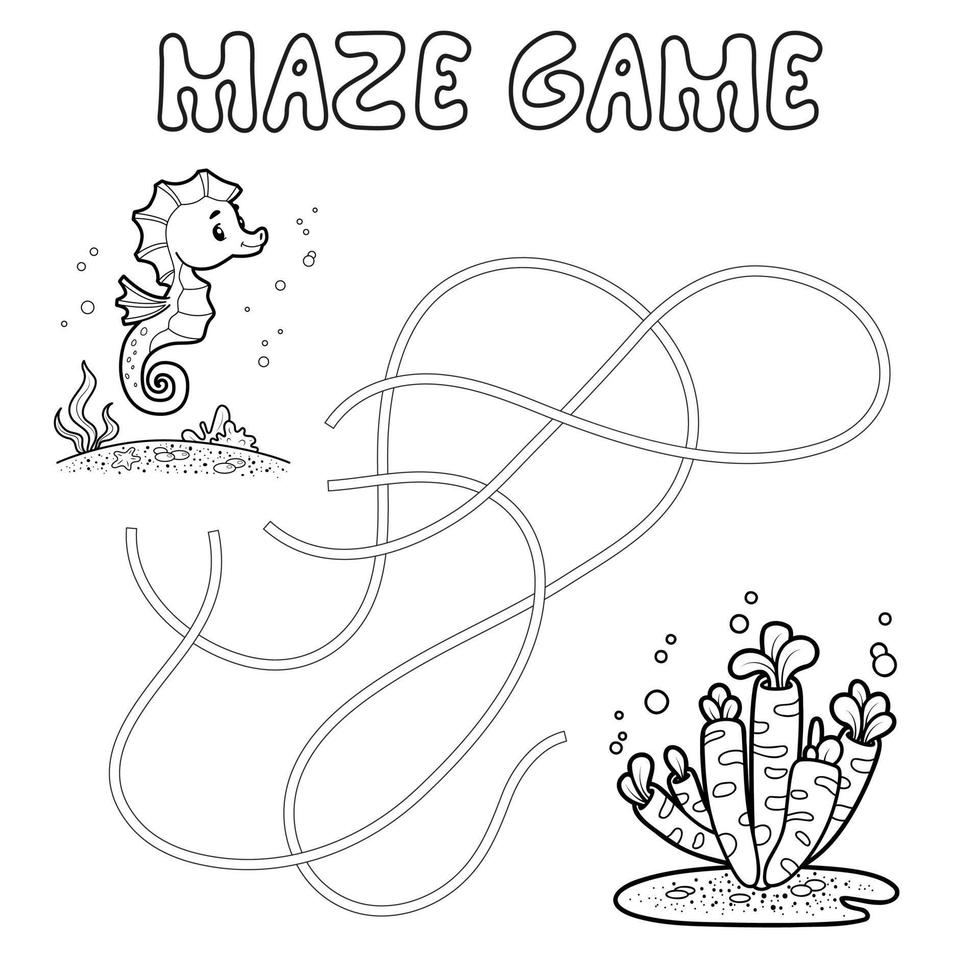 Maze puzzle game for children. Outline maze or labyrinth. Find path game with fish. vector