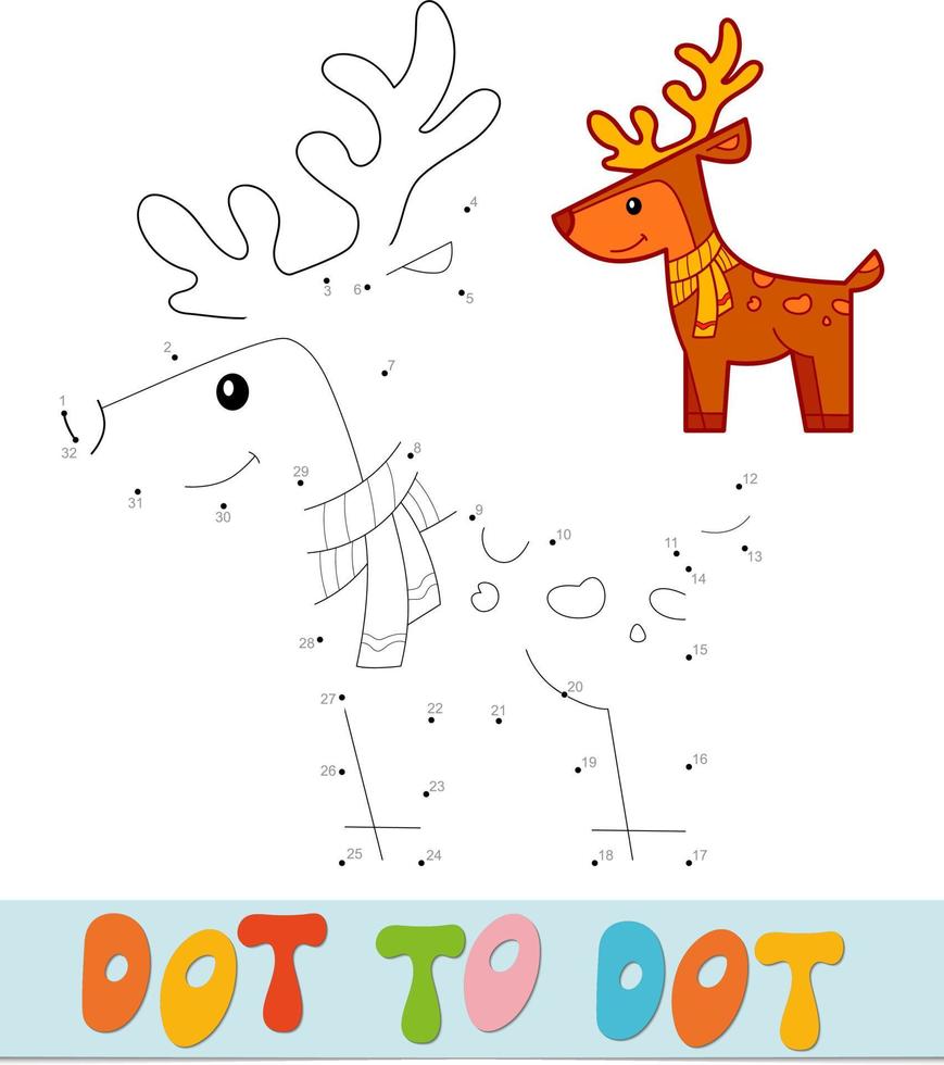 Dot to dot Christmas puzzle. Connect dots game. Deer vector illustration